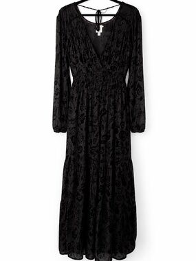 Knox Rose Black Floral Texture V-Neck Long Sleeve Maxi Dress Sheer Burnout XL